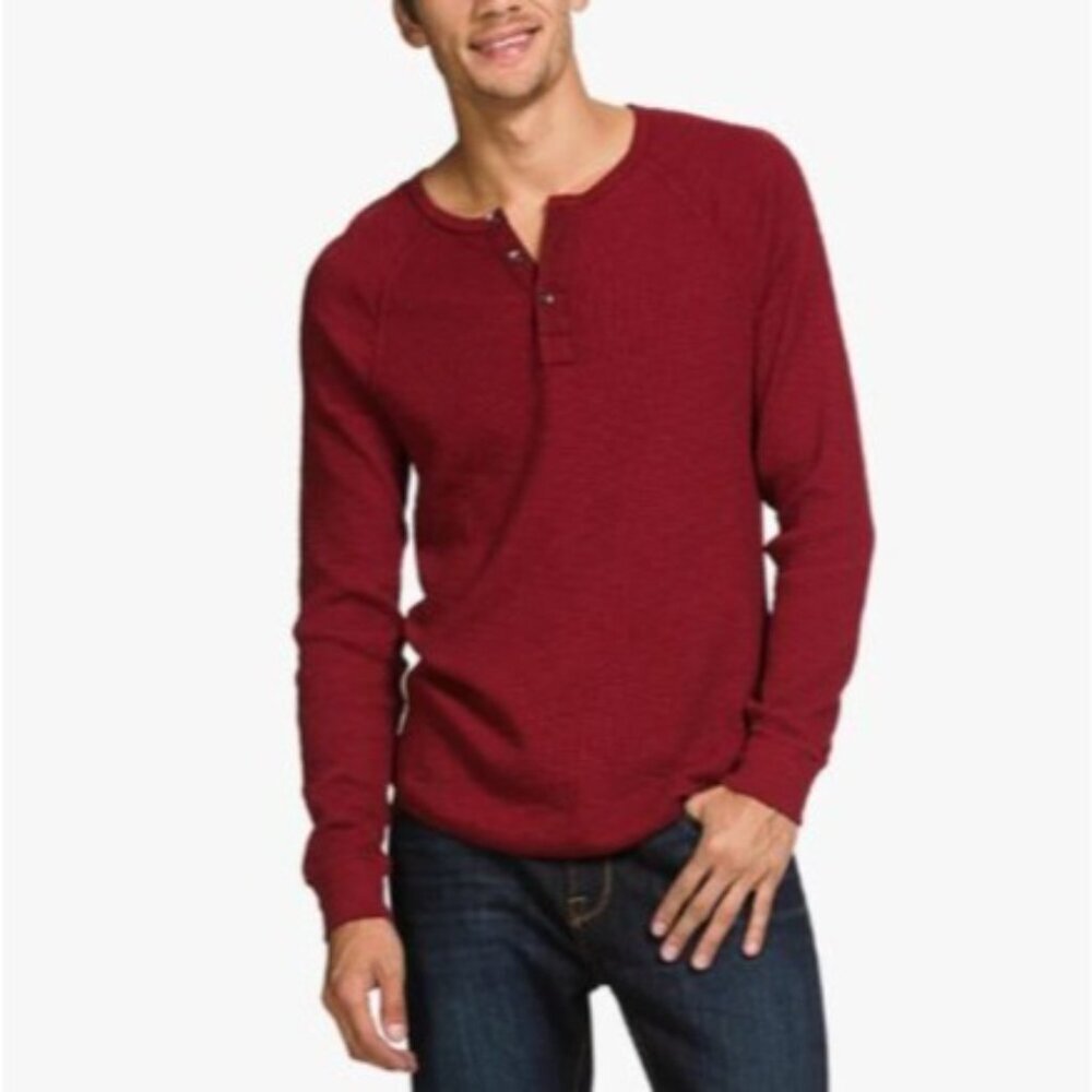 LUCKY BRAND Waffle Knit Henley Shirt Mens Large Red Cotton Long Sleeve Casual